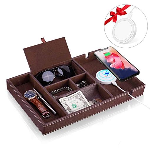 Baoyun Mens Valet Tray Organizer: Leather Catchall Tray with lid 6 Compartments Wallet Key Phone Organizer Tray with Wireless Charger and Men Charging Station Valet Tray Nightstand Organizer,Brown