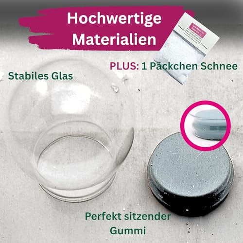 Bastel Schneekugel Ersatzglas m. 1 x Schnee | DIY Bastelglas | Schneekugel reparieren | Glasschneekugel selbermachen | 65mm Durchmesser | 40001