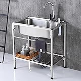 【Diseño cuidadoso】El fregadero utilitario incluye un estante de almacenamiento de 1 nivel y un toallero. Grifo de agua fría y caliente de 360 ​​° y puede cambiar entre los modos frío y caliente. Diseño de bajante antiolor en forma de U y pies de ajuste. El lavabo adopta un diseño de esquinas redondeadas que no oculta fácilmente la suciedad y es fácil de limpiar con una cesta de drenaje. Orificio de drenaje grande y cesto de basura filtrado para evitar obstrucciones.