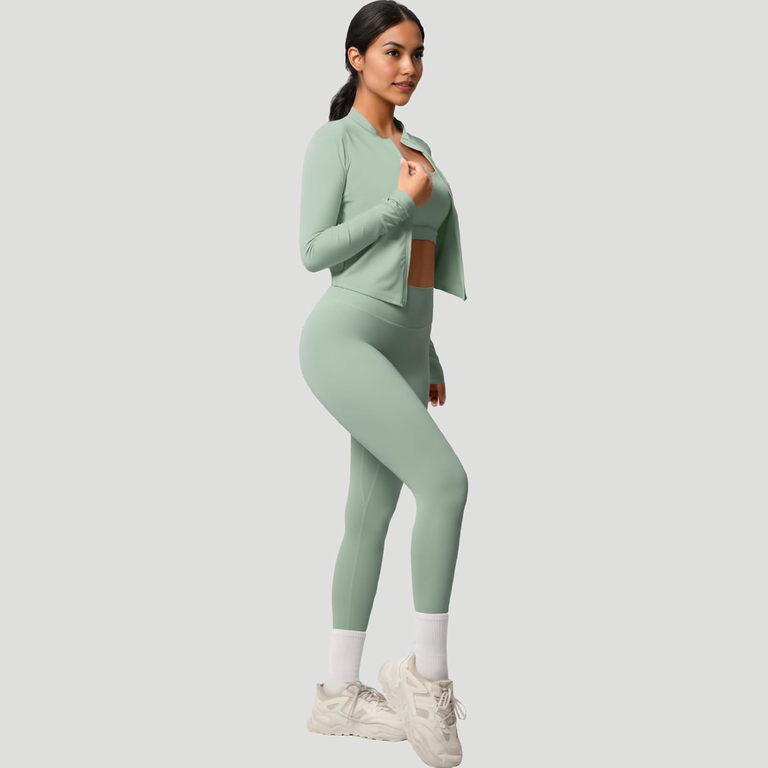 Ropa De Yoga para Mujer 3 Piece Women’s Workout Set – Zip-Up Jacket, Cross Back Sports Bra & High-Waist Leggings