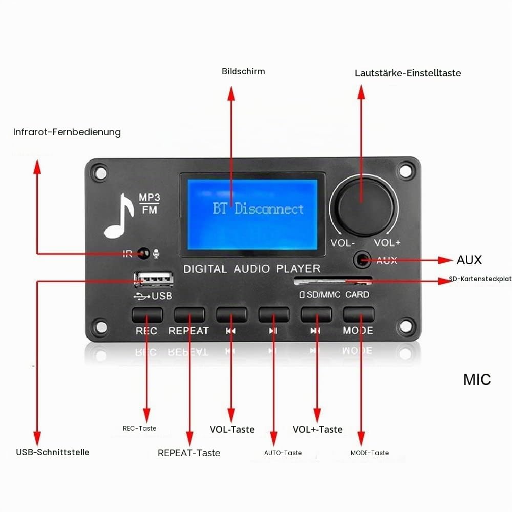 Bluetooth Decoder Board, DC 12V Bluetooth 5.0 MP3 Decoderplatine, Auto Leistungsverstärker Platine mit Fernbedienung, MP3+WMA+WAV+FLAC+APE