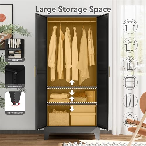 Image of Metal Wardrobe Closet with Doors and Shelves, 71 inch Farmhouse Bedroom Armoire with Hanger Rod and Clothing Shelf, White Steel Wardrobe Cabinet Storage Clothes Closet