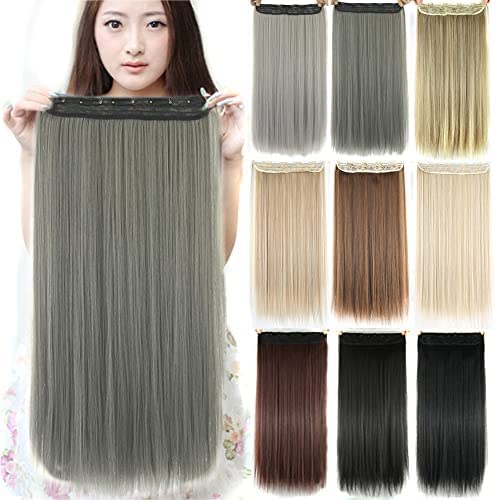 IMISSU Long Natural Thick Hair Straight Clip in on Synthetic Hair Extensions Hairpieces for Women (24 inches, Dark Gray)