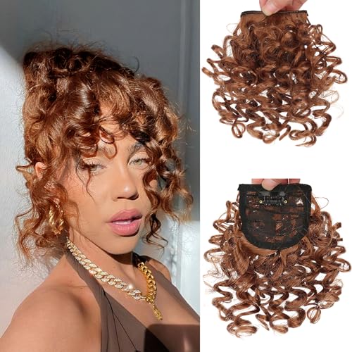 Afro Kinky Curly Wig Hair Bangs for Women Natural Fake Fringe Bangs Short Fleece Curly Human Hair Bangs Clip in Hair Extensions Fringe Hair Pieces (Light brown)