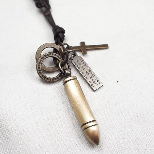 Punk Rock Man Bronze Bullet Cartridge Dog TAG Leather Rings Chain Cross Mens Necklaces Pendants Metal