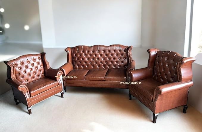 Image of Wooden 5 Seater Leather Sofa Set, Solid Wood Hand-Carved Sofa with Leather Upholstery, Traditional Design Furniture for Living Room, Home, Office