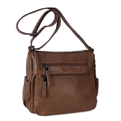 Women Shoulder Bag Muti-pockets Soft PU Leather Crossbody Purse for Ladies Casual Daypack Brown Size: S-Small