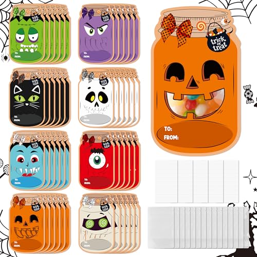 TICIAGA 48set Halloween Treat Bag Fillers with Gift Cards Happy Halloween Mason Jar Candy Holder for Kids DIY Halloween Skull Black Cat Candy Card Gifts Happy Halloween Trick or Treat Party Favors