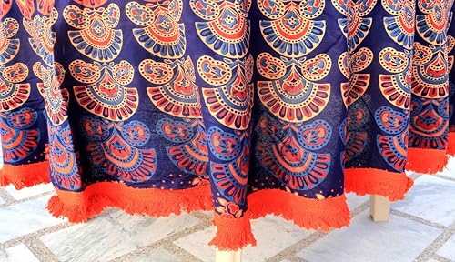 Image of Dining Round Tablecloth 100% Cotton Multicolor Floral Bird Printed 4-6 Seater Round Table Cover with White Fringed Lace Border 75 inch (Blue Multi- RHF-5007)