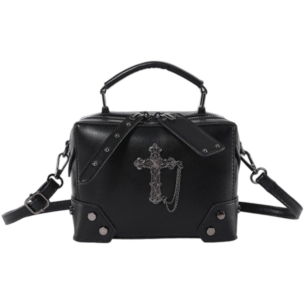 Fituenly Gothic Cross Skull Shoulder Bag for Women Punk Studded Crossbody Bag Handbag Pu Leather Shoulder Bag Halloween Ladies Purses