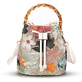 Crossbody Bags for Women, Beach Bag, Hand Embroidered Tot Bag, Natural Bamboo carry handle Bucket bag, Bohemian Handbags for Women Vacation Travel Daily Matching(Silver Flowers)
