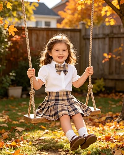 Image of Betusline Girls Skirt Set JK School Uniform 2-Piece Outfit - Short Sleeve Shirt with Bow & Pleated Skirt 4T-14Y