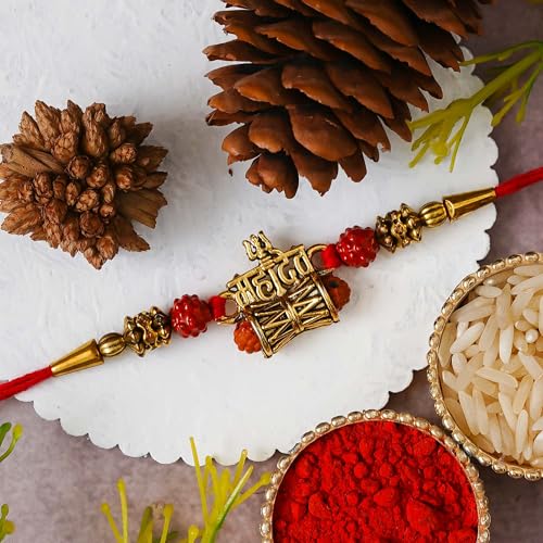 Image of eCraftIndia Golden Red Religious Shrinathji Rakhi for Brother | Raksha Bandhan Rakhi for Bhai Bhaiya