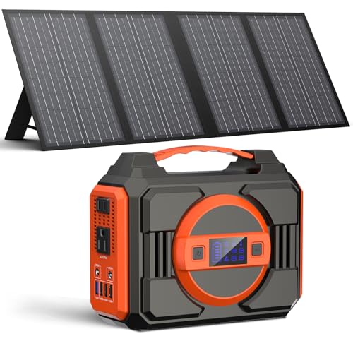 Power Station 220Wh & 60W Portable Solar Panels, 110V/300W Backup Battery Lithium with AC Outlets, DC, USB QC3.0,Solar Generator Portable Charger for Outdoor Camping, Traveling, RV Trip