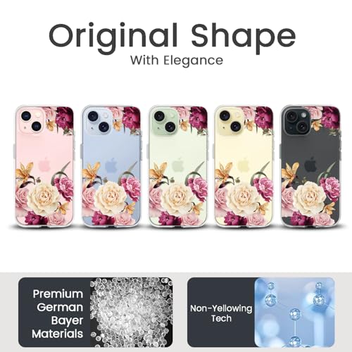 Coque pour iPhone 15 anti-chocs avec dos rigide et fleurs
