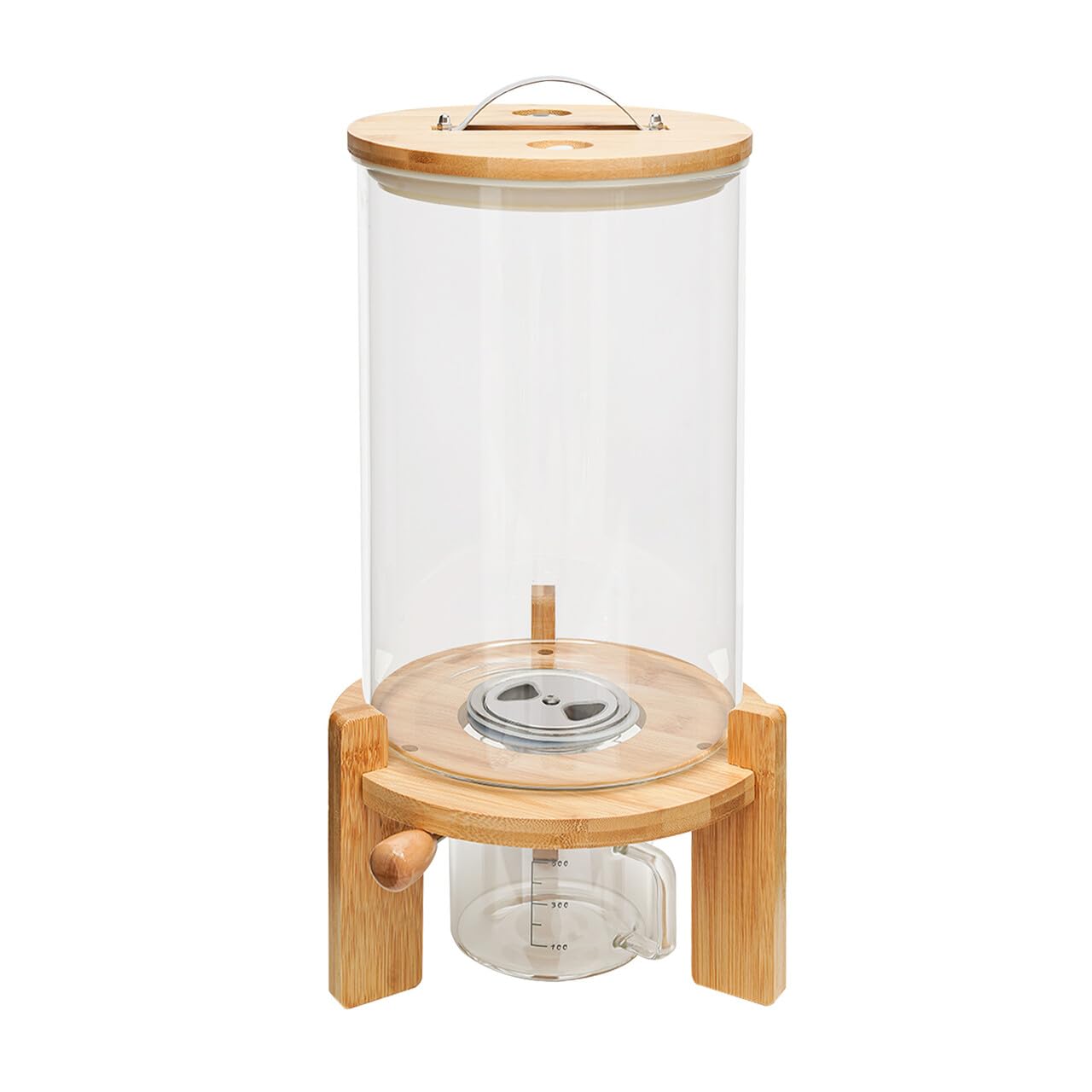 Rustykalny elegancki minimalistyczny pojemnik do przechowywania, 7,5 l, 20 cm (średnica x wysokość), szkło i drewno bambusowe, dozownik ziarna, słoiki do przechowywania przypraw, kawy, cukru