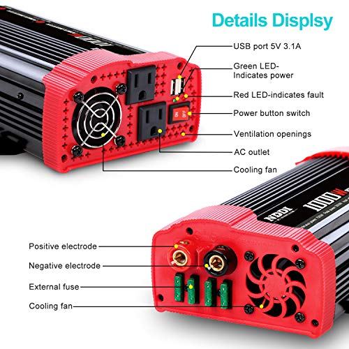 NDDI 1000W Car Power Inverter 12V DC to 110V AC Converter with Dual AC Outlets and 3.1A Quick Charging USB Port Car Adapter