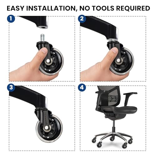 Image of Office Chair Wheels - Set of 5 Rollerblade-Style Caster Wheels, Smooth & Quiet Rolling, Protects Hardwood Floors & Carpets, Universal Fit, Durable and Long-Lasting - Clear