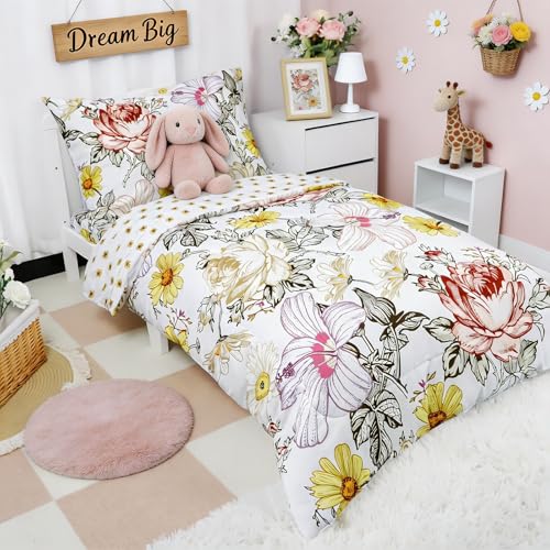 Image of Toddler Bedding Set for Girls, 4 Piece Toddler Comforter Bed Sets, Ultra Soft Breathable Vintage Crib Bedding Set for girls with Flat Top Sheet, Quilted Comforter, Fitted Sheet and Pillowcases, Floral