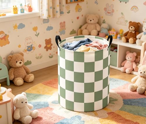 Image of Baby Laundry Basket Baby Nursery Hamper Kids Laundry Basket Toy Storage Bin for Boys Room Decor Gift Baskets for Bedroom Bathroom(Green Checkered)