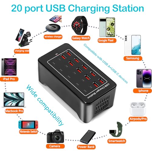 HONGYEE USB C Charger Block, 100W(20A) 20 Port Multiport USB Hub Desktop Fast Wall Charger, 10 Port USB C and USB Charging Compatible for Apple iPhone, iPad, Tablets, Samsung Galaxy - Image 3