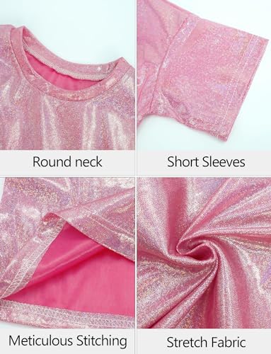 SEAUR Kids Boys Sparkly Shirt with Shiny Shorts Hip Hop Top Girls Metallic T Shirts Jazz Tops Sets Dance Party Costume Playwear Red 12-13Y