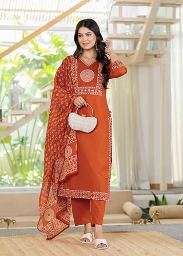 Image of Pistaa's Women's Ethnic Motifs Printed Regular Pure Cotton Kurta with Trousers With Dupatta Set