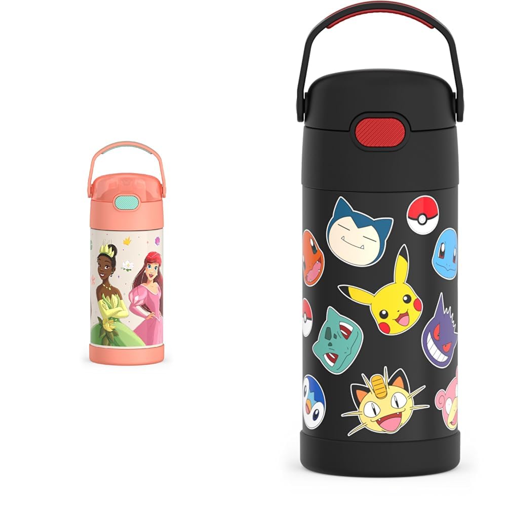 THERMOS 12 Ounce Kids Stainless Steel Water Bottles Princesses Pok mon Prints Built-in Straw