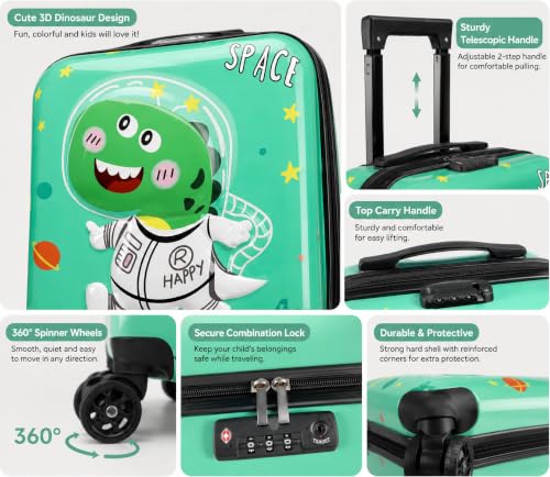 Image of Kids Carry On Luggage with Wheels,18-inch Hard Shell Suitcase Lightweight Toddler Rolling Trolly with Retractable Handle,Durable Hardside Spinner Trolly for Airplane Travel (Green Dino)
