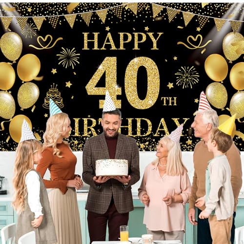 Image of Black Gold 40th Happy Birthday Backdrop Banner Photography Background Decorations for Men Women Forty Years Anniversary Party Accessories Supplies 72.8 * 43.3in