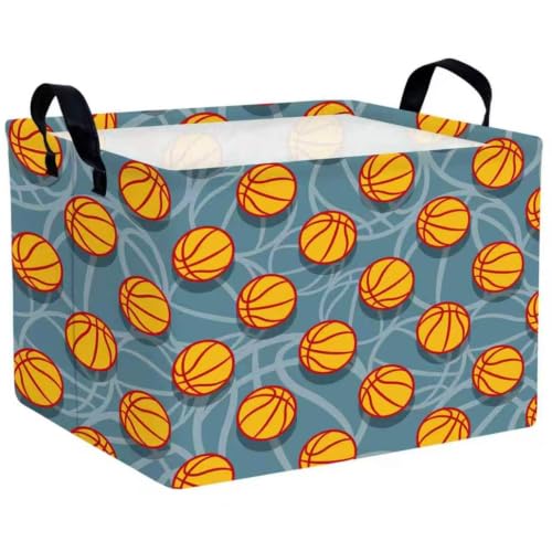 Rectangular Boys Basketball Basket Collapsible Kids Toys Storage Bin with Handles Sports Theme Nursery Room Decor (Blue Background Basketball)