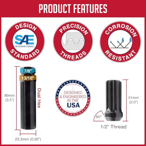 Image of Wheel Accessories Parts 32 Pcs 1 /2 inch-20 Thread Truck 1.90 inch Long Spline Lug Nuts Black 7 Spline Hex Fits Dodge D250 D250 GMC 3500 Chevy K20 K30 C30