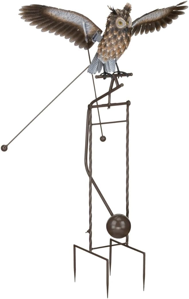 Elegant Metal Owl Rocker Stake Sculpture - 48 Inch | Outdoor Kinetic Crane Statue with Flapping Wings | Weather-Resistant Garden Art Décor with 4-Prong Ground Stake for Yard, Lawn, and Patio