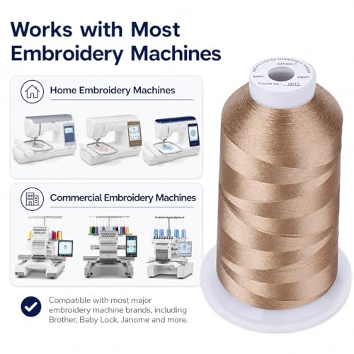 Image of Simthread Embroidery Machine Thread 5000M 40WT Polyester, Soft Beige S010 | 5000M 40WT polyester thread feeds smoothly for home or commercial embroidery projects.