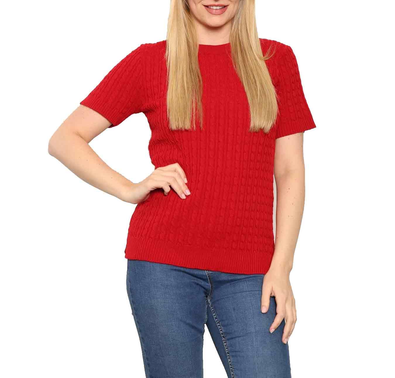 Fairy Boutique Women's Red Short Sleeves Soft Smooth Cable Knitted Jumper Round Neck Knitwear Half Sleeves Pullover Blouse Sweater Top