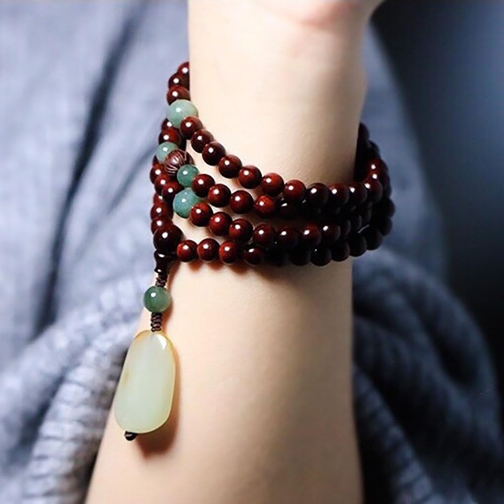 XANAYXWJ Legno di Sandalo Rosso Naturale 108 con Pendente in nefrite, Collana di Perle di Mala Buddista in Legno per Yoga, 8 mm