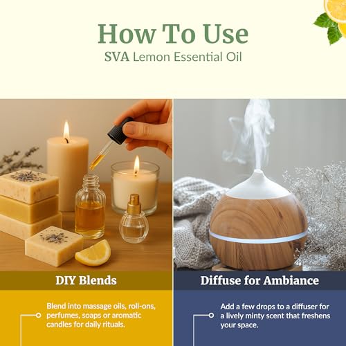 Image of SVA Lemon Essential Oil - 4 Fl Oz - for Diffuser, Skin & Hair Care - Ideal for Massage & DIY Blends - with Dropper