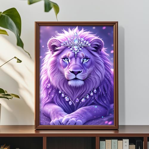 Image of AiYuanzsh 5D Diamond Art Kits for Adults, Fantasy Purple Lion Diamond Painting Kits for Beginners, DIY Full Drill Round Rhinestone Gem Art Crafts Paintings for Home Wall Decor 12 x 16 inch
