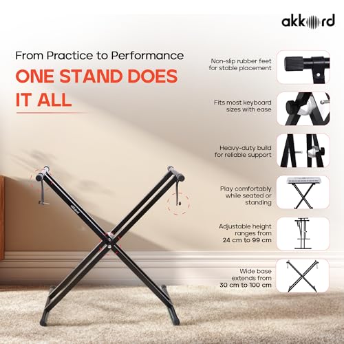 Image of Akkord Double X Adjustable Keyboard Stand for 61-Keys Keyboard - Foldable, Heavy-Duty Steel Frame, Non-Slip Rubber Caps, Secure Locking Pin, Height Adjustable for Digital Piano & MIDI Keyboards