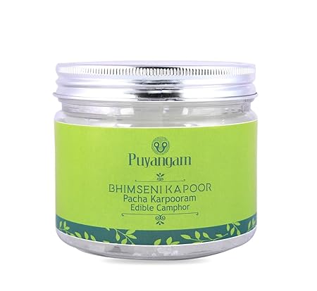 Puyangam Original and Pure Pacha Karpooram | Bhimseni Kapoor | Edible Camphor | Aromatic for Pooja, Meditation, Havan, Room Freshener, Mosquito Insect Repellent (75 gm)