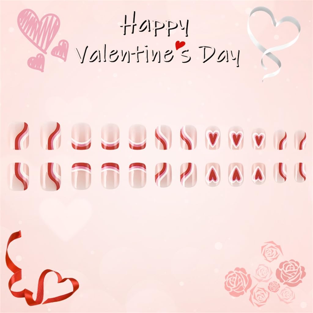 24 Pcs Valentines Day French Tip False Nails Heart Stripes Acrylic Nails Short Stick on Nails for Woman