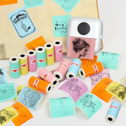 Image of HuiJuKeJi 12 Rolls Mini Printer Sticker Paper Self Adhesive 57x25mm 12 Rolls Color Paper for Inkless Portable Bluetooth Printer for Printing Photos, Notes