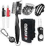 Geeorzo 7-in-1 Golf Zubehör, Mikrofaser Golf Handtuch, Einziehbare Golfschläger Bürste, Golf Pitchgabel Werkzeug, Golfball Linienmarkierer und Ballmarkierer Golfgeschenk-Zubehörset (Black)