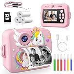 Kids Camera Instant Print, Front Rear Dual Selfie Kids Camera with 1080P Videos, Christmas Birthday Gifts for Girls Boys Age 3-12,Toddler Toys 2.5 Inch IPS with 4 Roller Photo Paper (Pink)
