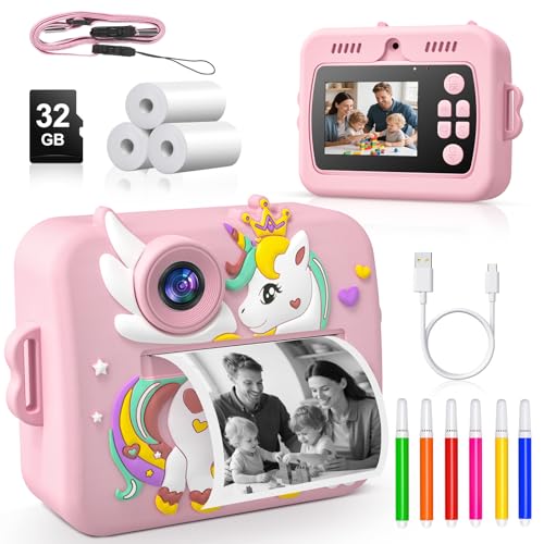 Kids Camera Instant Print, Front Rear Dual Selfie Kids Camera with 1080P Videos, Christmas Birthday Gifts for Girls Boys Age 3-12,Toddler Toys 2.5 Inch IPS with 4 Roller Photo Paper (Pink)