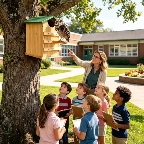 Refugio para búhos de 35,5x25,4 cm en madera impermeable con posadero para árboles de jardín 4