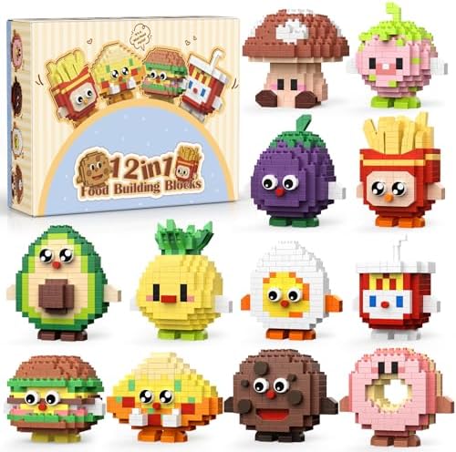 12 Pack Mini Essen Klemmbausteine Blind Box, Bausteine Mitgebsel Kindergeburtstag, Schultüten Füllung und Pinata Füllung, Kleine Baustein Figuren für Party Geschenke
