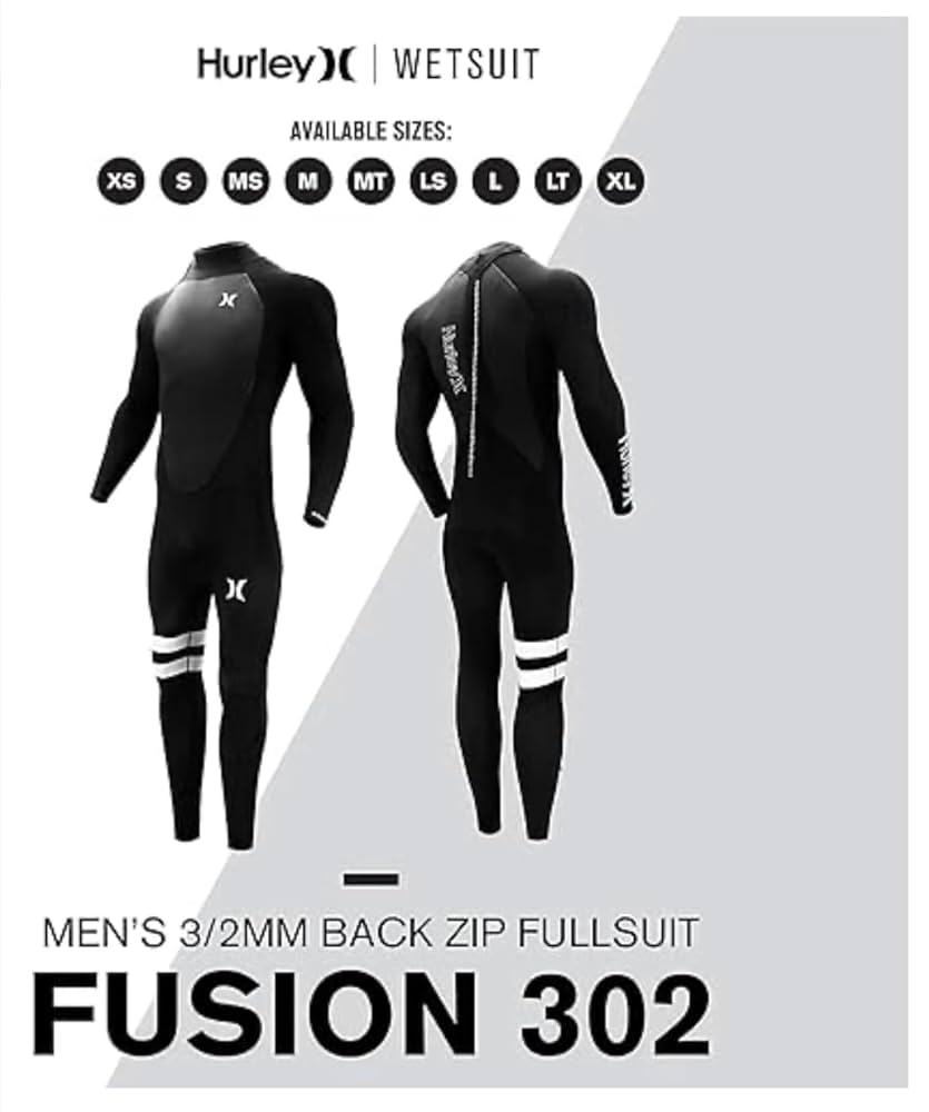 Hurley FUSION 302 フルスーツ 3/2mm LS Hurley Fusion 3/2mm Men's Back Zip Fullbody Wetsuit, UPF 50