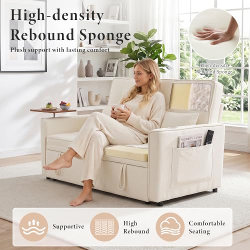 Image of Dreamzie 54'' Convertible Sleeper Sofa Bed with Swivel Side Table, Chenille Pull Out Couch for Living Room, Loveseat Sleeper Couch with Side Pocket | Charging Port | Cup Holder, Beige
