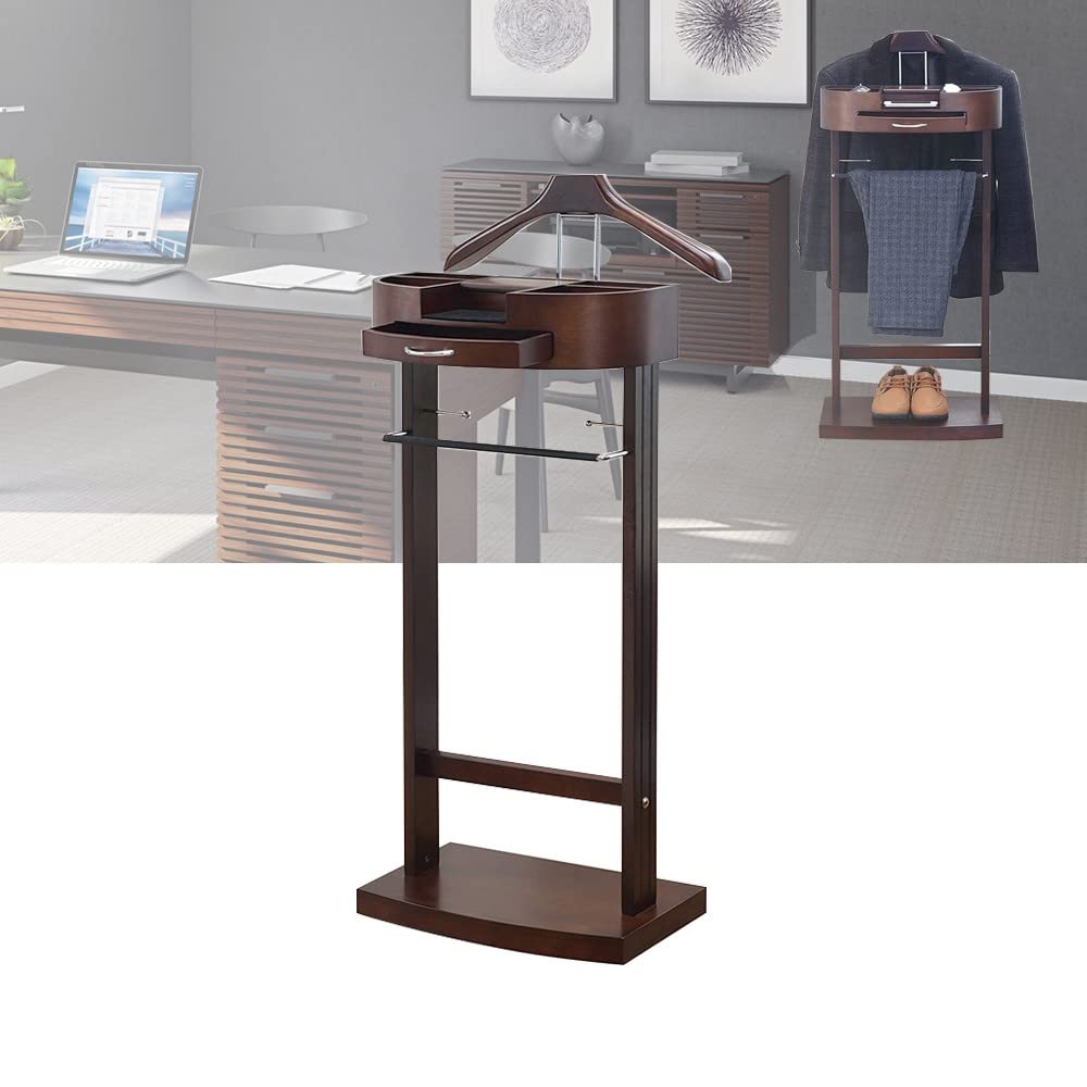 RajoNN Perchero para Trajes, Perchero con cajón y Estante, Perchero de Madera para Trajes, Perchero con Barra Antideslizante para Pantalones, Perchero de pie